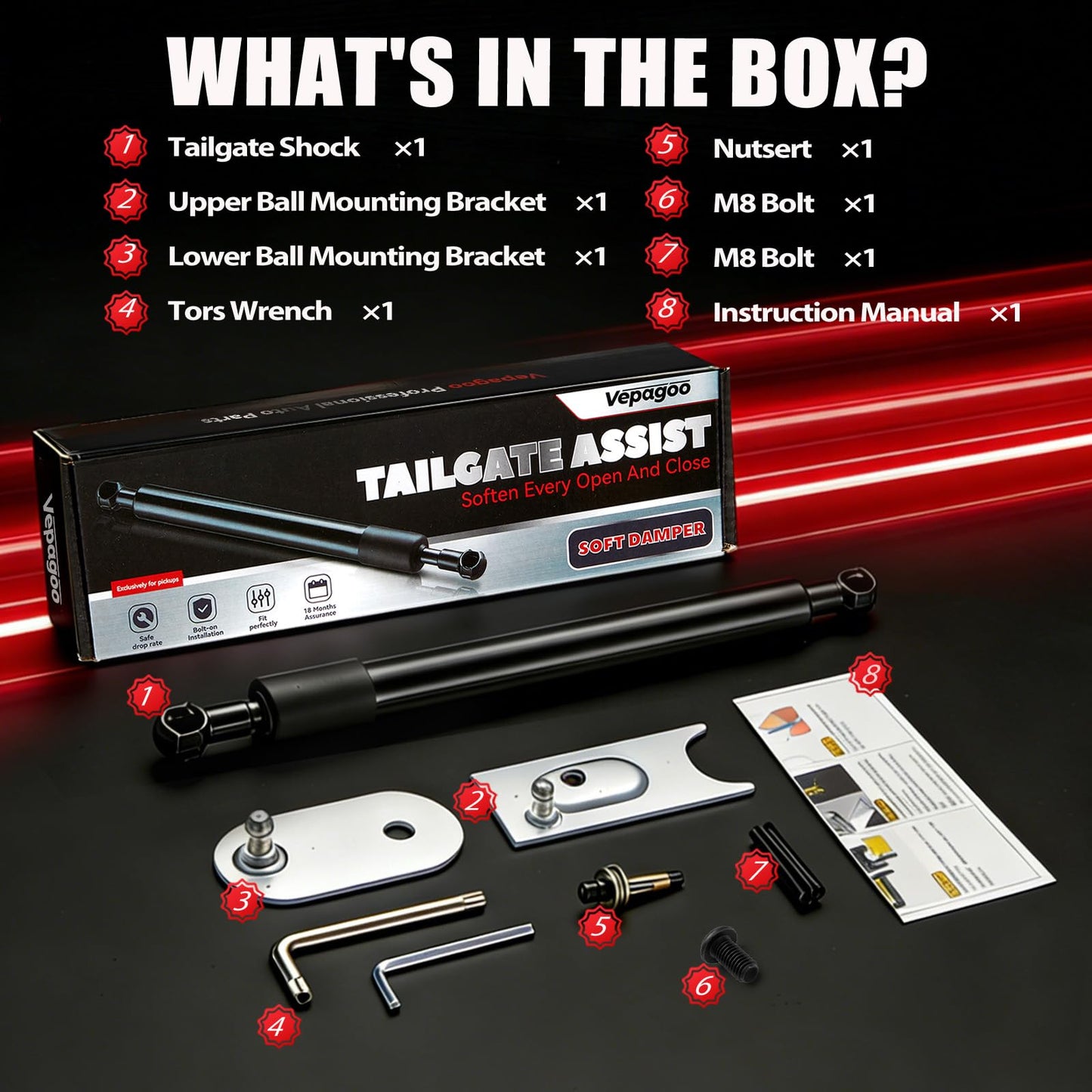 Vepagoo Tailgate Assist Shock for 2009-2018 Ram 1500, 2019-2024 Ram 1500 Classic, 2010-2025 Ram 2500 3500, Truck Tailgate Lift Assist 43301 Black