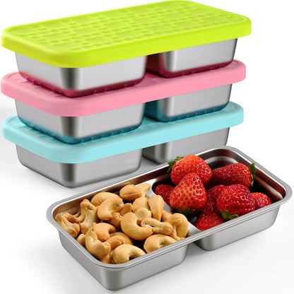 Stainless Steel Snack Containers, Jrisbo 3-Pack Double Compartment Bento Box with Leakproof Silicone Lids, 15oz Small Reusable Food Storage Containers for Lunch Prep, Travel, Camping & Kids