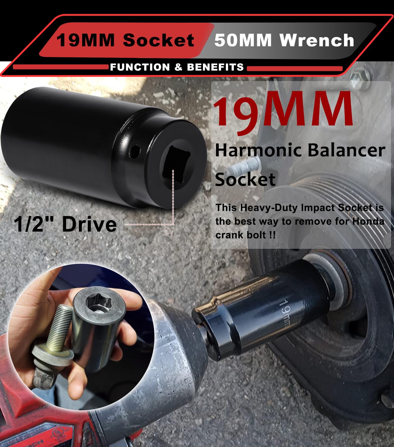 2pcs 77080 19 mm Harmonic Balancer Socket & 50mm Crank Pulley Wrench Holder for Honda Acura Engines