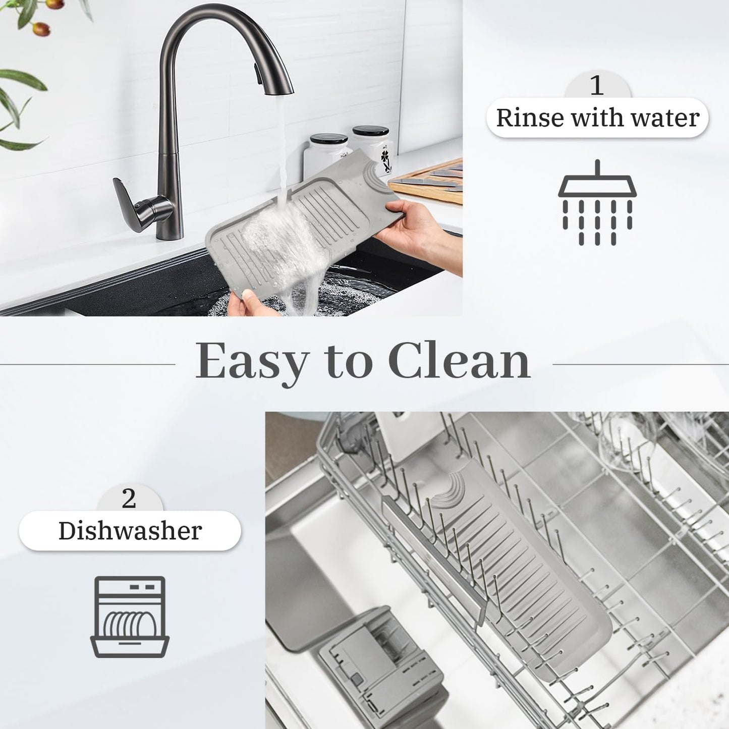 PoYang 24 inch Kitchen Sink Splash Guard, Silicone Draining Mat for Sink Longer Silicone Faucet Drainer Pad, Sink Protector for Kitchen Sink Mat, Sponge Holder for Kitchen Sink Accessories, Light Grey