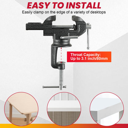 DASBET Table Vise Universal 3 Inch Work Bench Vice Clamp- 360°Swivel Base Bench Clamp Home Vise Clamp for Woodworking, Metalworking,Handcraft Creations, Cutting Conduit, Drilling