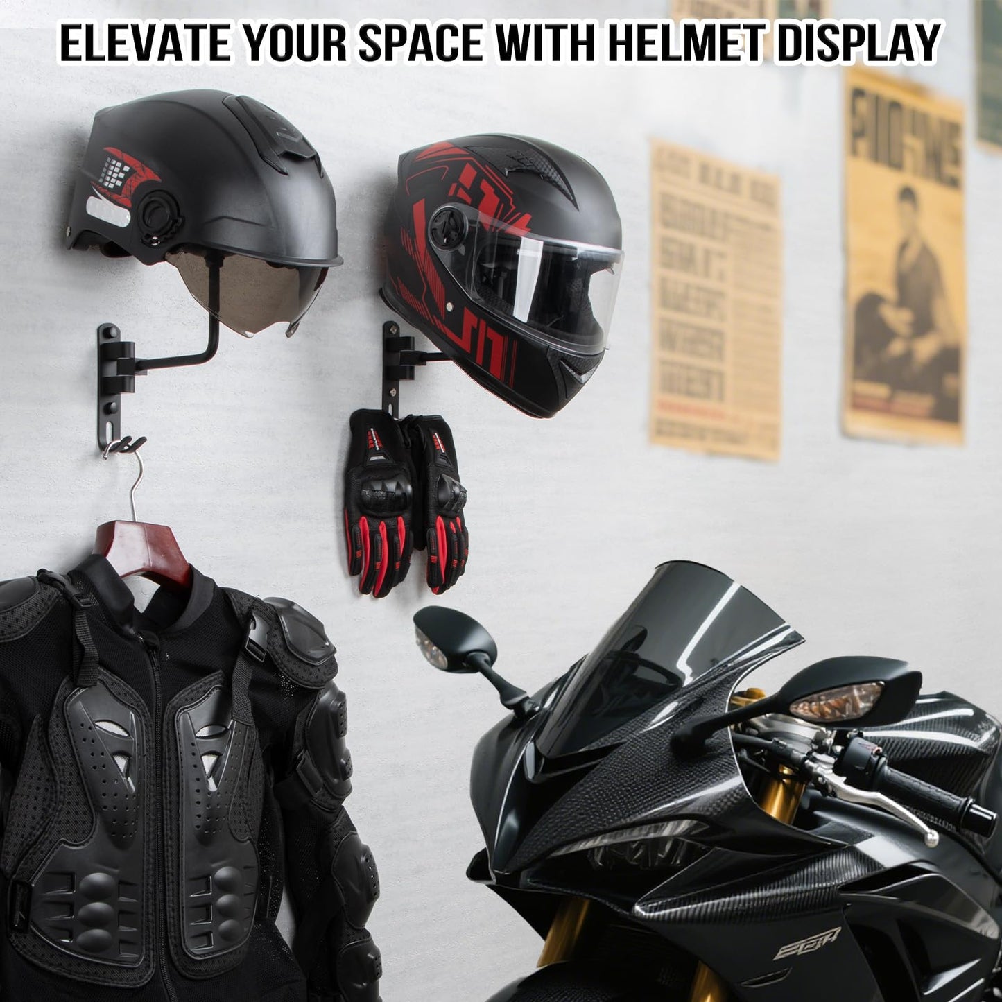PUERSI Helmet Holder Wall Mount - 2 Pack 180° Rotation Helmet Hanger for Motorcycle Bike Racing Outerwear Sports Gear Display