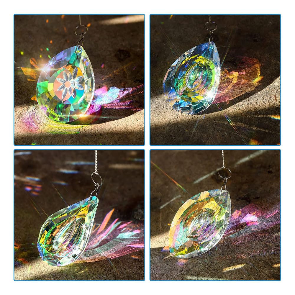 4pcs Hanging Crystals Suncatcher Prism 80mm Window Hanging Sun Catchers AB Colored Coating Rainbow Maker Glass Prisms Pendant with Chain (Rainbow)