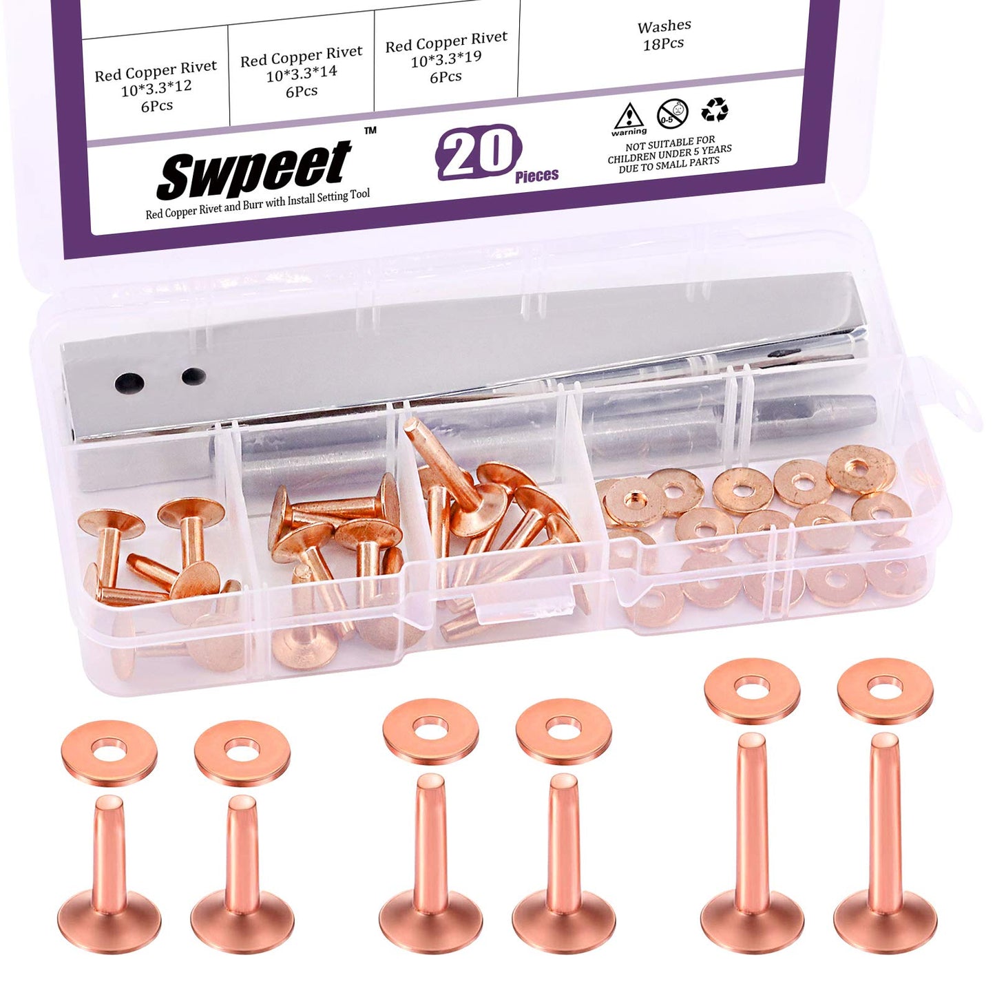 Swpeet 38Pcs 3 Sizes Copper Rivet and Burrs Assortment Kit, Including Stainless Steel Burr Setter and Copper Rivet Fastener Install Setting Tool for Belts Wallets Collars Leather DIY Craft Supplies