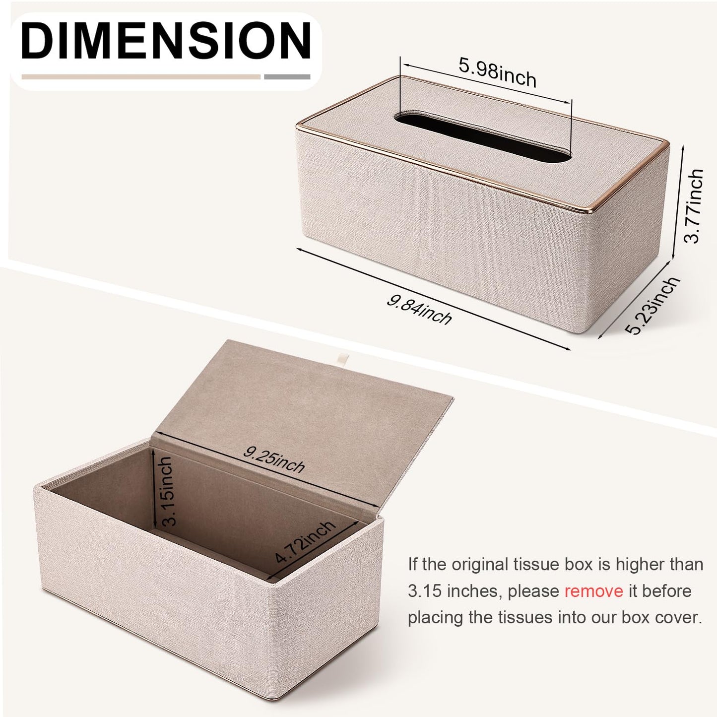 KINGFOM Rectangular PU Leather Tissue Box Holder, Facial Tissue Case Napkin Dispenser for Home Office Car Automotive Decoration with Gold Line(Pearl White-L)