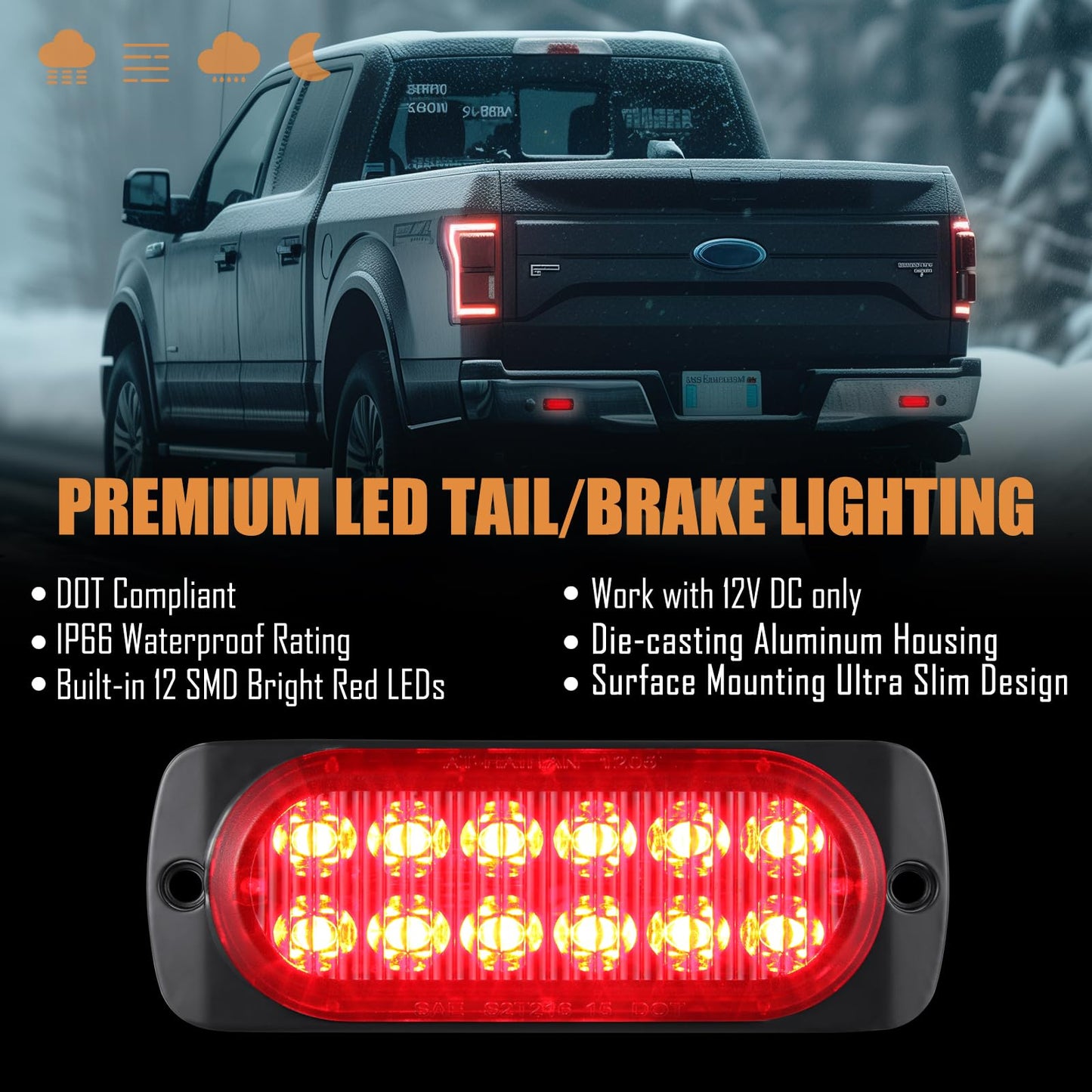 AT-HAIHAN Pack of 2 Aluminum Housing Red LED Trailer Stop Brake Turn Tail Lights, DOT Compliant Waterproof Surface Mount Lighting for Truck Tractor Jeep RV