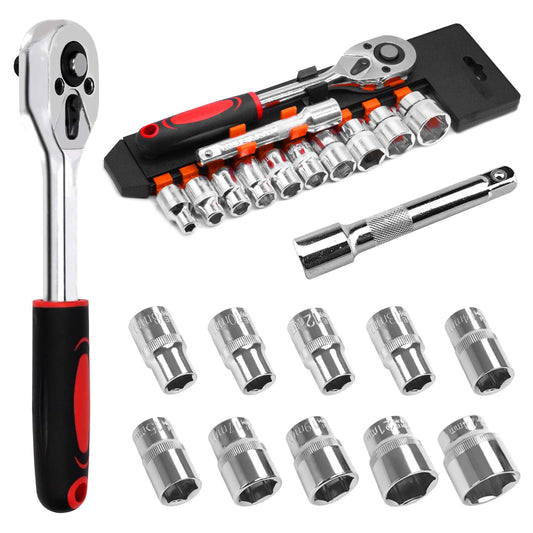 Waltool 12Pcs 1/2” Ratchet Socket Wrench Set Contains 10-24mm Sockets and 2 Way Quick Released Ratchet Handle and Extension Bar, Metric SAE Mechanic Tool Drive Socket