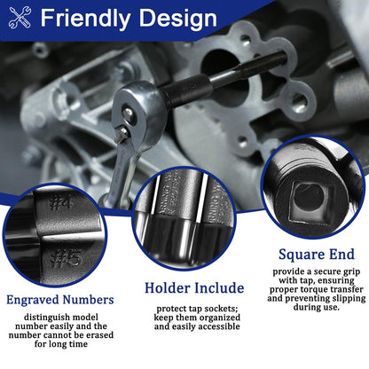 70500 Tap Socket Set Use with 1/4" & 3/8" Drive, Fit Fractional MCTI Standard Tap thru 1/2" & 1/8" NPT taps Metric Tap thru 12mm Manufactured to MCTI Standard, 8-Piece