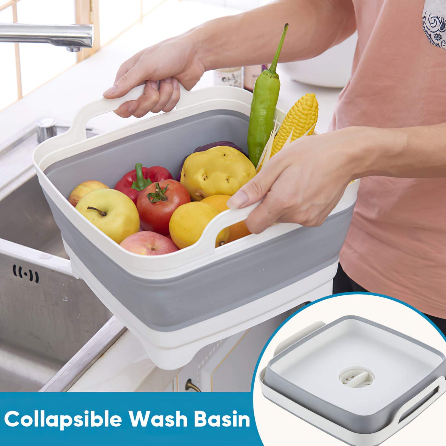 Suwimut 2 Pack Collapsible Wash Basin with Drain Plug Carry Handles, 9L Large Collapsible Sink Tub Portable Dish Tub Foldable Dishpan for Kitchen Sink, Camping Dish Washing Tub, Gray
