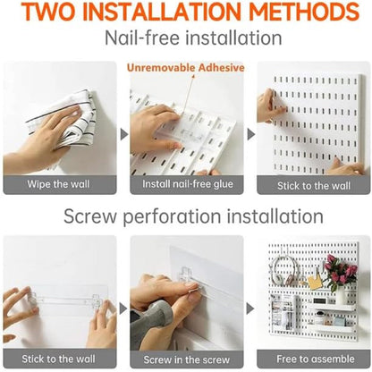 White Plastic Pegboard Organizer Wall Panel, Home Office Kitchen Garage Peg Board Wall Organizer Panels with Hooks Desk Adhesive Pegboards Rack Accessories Kit Display (2 Boards -8 Accessories)