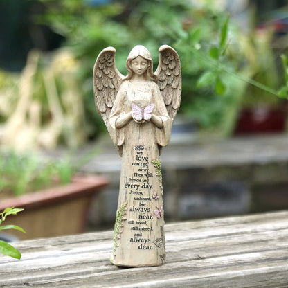 Resin Religious Garden Statue Standing Angel with Butterfly Statuary for Outdoor Decor, Polyresin, Antique Stone,10in