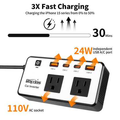 300W Car Power Inverter, DC 12V to 110V AC Car Outlet Adapter Plug, 24W Fast Charging USB-C&USB-A, Portable Charger Converter for Laptops, Phones