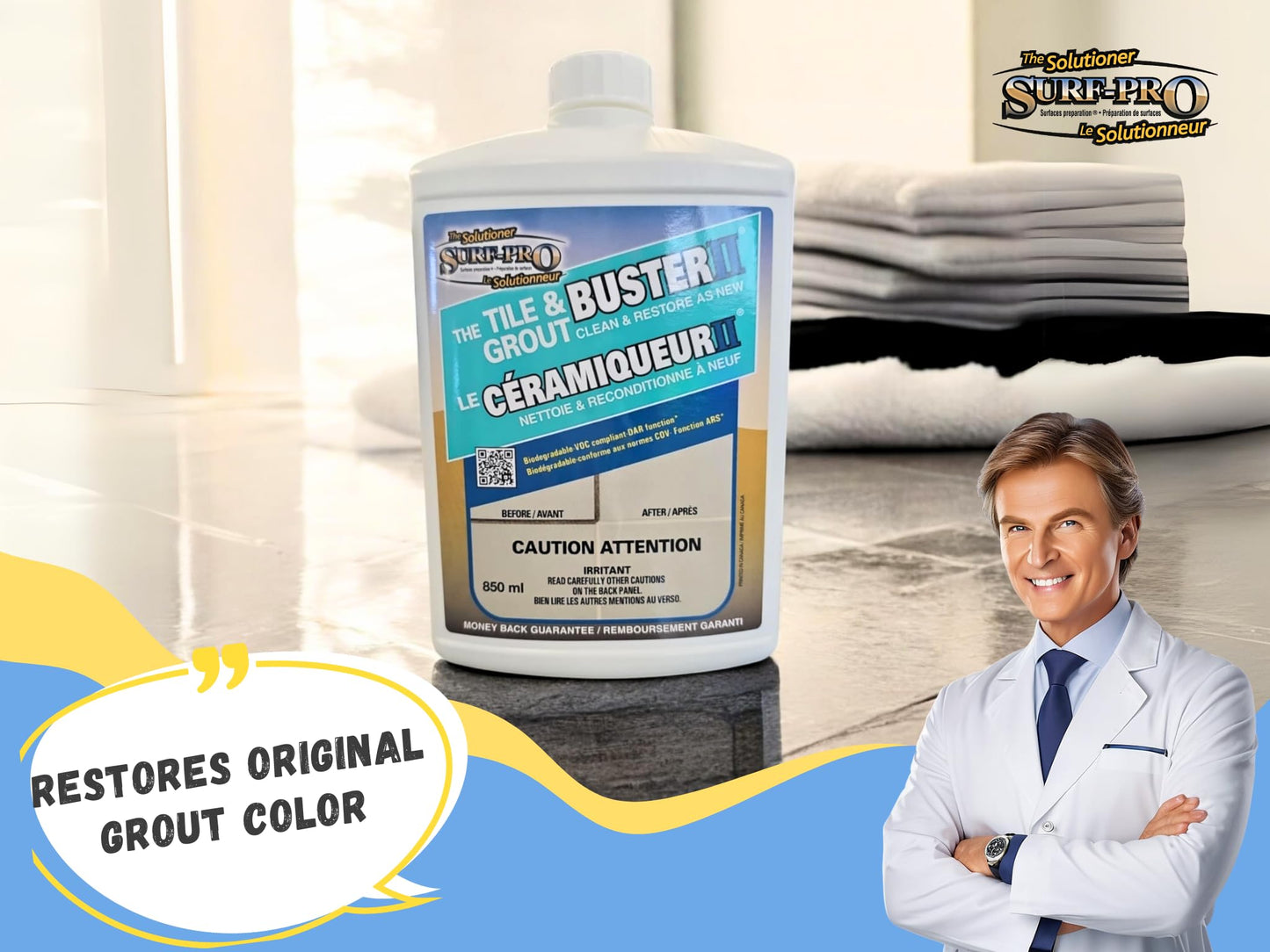 Tile and Grout Buster Cleaner, 850 ml (28 oz) – Heavy-Duty Tile & Grout Stain Remover for Bathroom, Kitchen, Shower & Floors – For Ceramic, Porcelain, Stone & More – Made in Canada