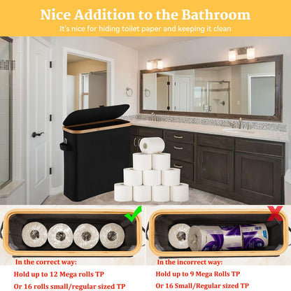 Large Toilet Paper Storage Basket Box with Lid for Mega Rolls, Extra Toilet Paper Storage Holder Stand Tissue Organizer Box for Bathroom, Slim Toilet Roll Container Storage Bin, Black