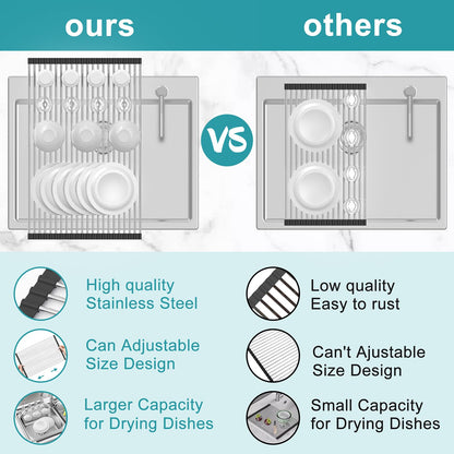 BBXTYLY Extra Large Expandable Roll Up Dish Drying Rack,Over The Sink Drying Rack Sink Cover Kitchen Sink Accessories Kitchen Rolling up Stainless Steel Drainer, Foldable,Rollable（Black，22.8''-12.4''）