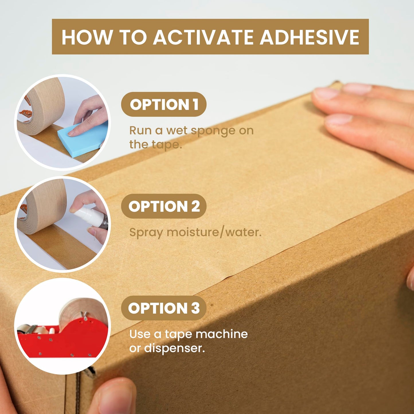 TAPEBEAR Water Activated Tape, Fiber Reinforced Gummed Tape 2inch x 165ft, Eco-Friendly Kraft Paper Tape Biodegradable Brown Packing Tape for Security Sealing, Heavy Duty Packaging and Shipping,3Rolls