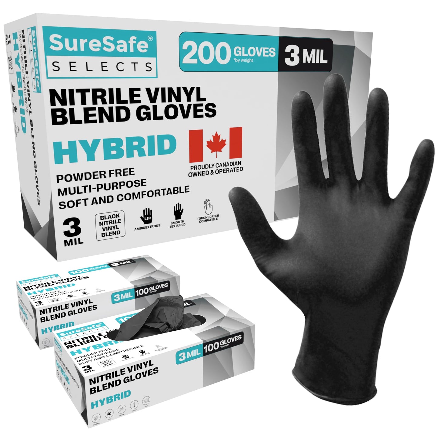 [200 Pack] SURESAFE 3 Mil Vinyl Nitrile Blend Black Large Disposable Gloves, Powder & Latex Free Dishwashing Gloves, For Food Prep, Drawing, Hair Dye, Kitchen, Painters, Cleaning, Butcher