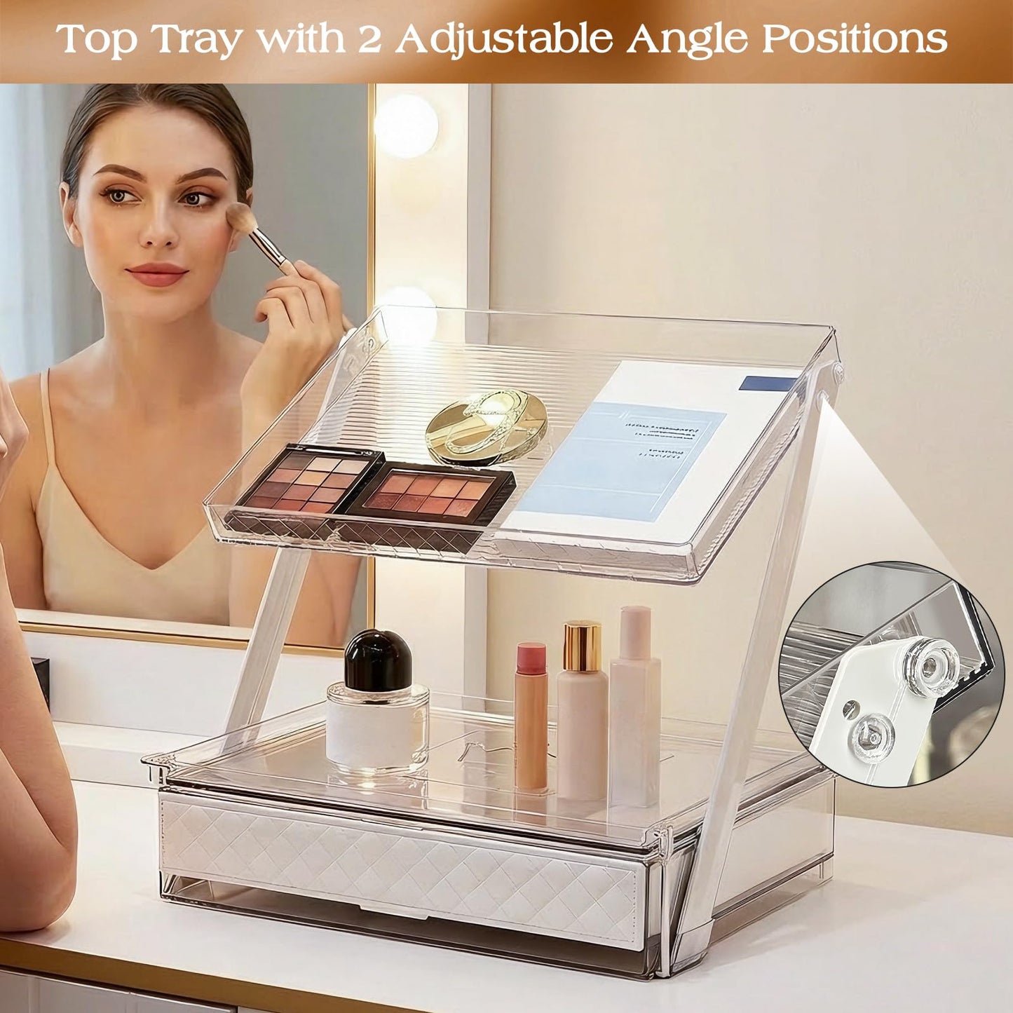 2-Tier Bathroom Countertop Organizer – Acrylic Makeup, Perfume & Skincare Organizer with Sliding Tray & Drawer – Z-Shaped Vanity Organizer for Bathroom, Dresser or Desk