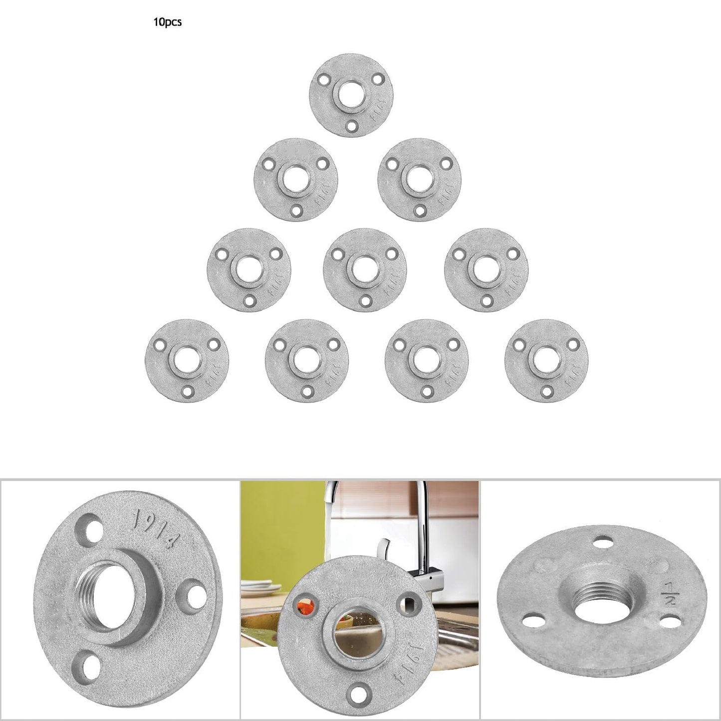 10Pcs Floor Flange,Aluminum Floor Flange,Aluminum Threaded Flange AlloyCast Iron Flange Pipe Base 3 Holes Pipe Fitting 1/2 Inch Thread Pipe Decor (Aluminum Alloy)
