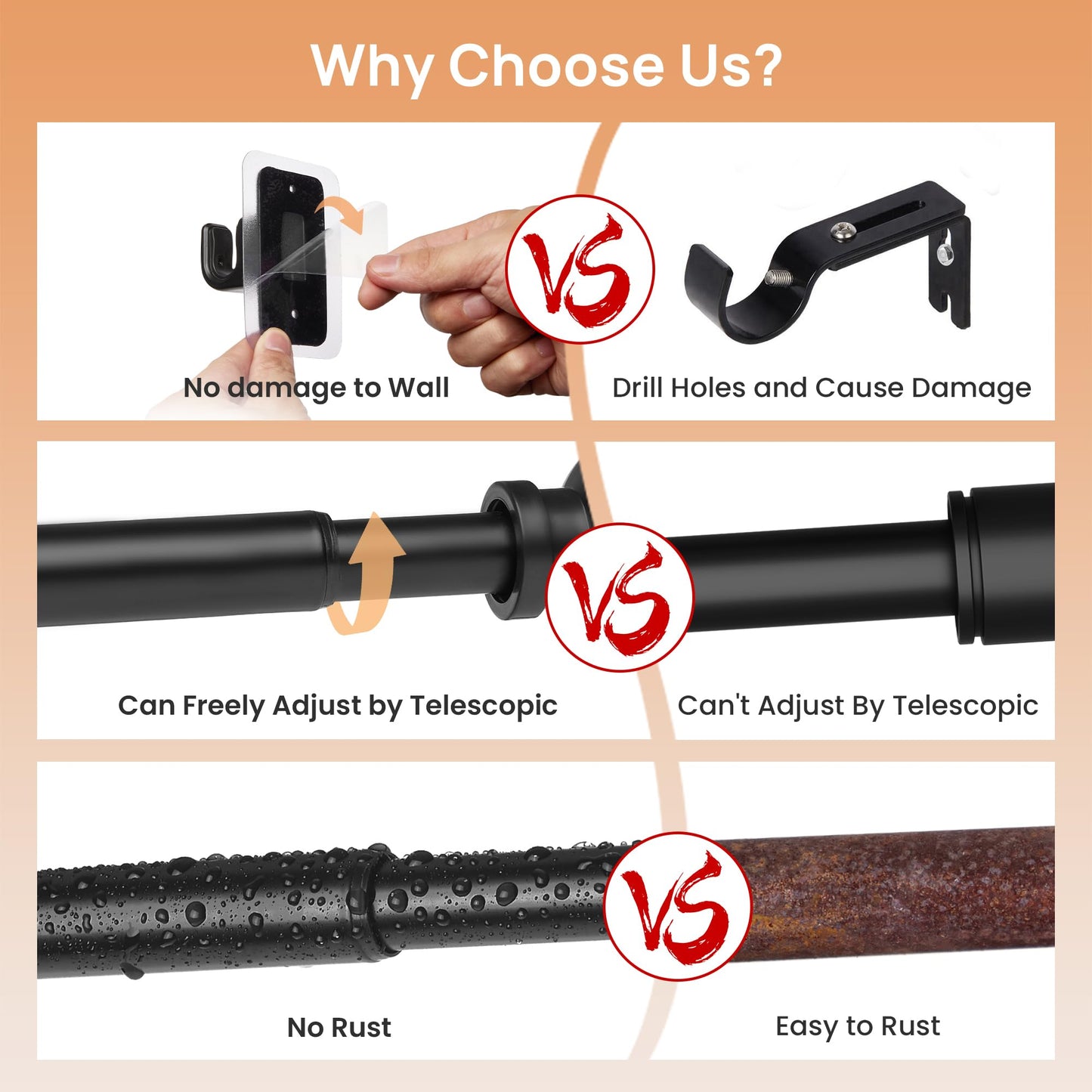 upsimples No Drill Curtain Rods for Window 48 to 84 Inches, 5/8 Inch Diameter Renter Friendly Drapery Rod with Adhesive Brackets without Drilling, Adjustable from 27 to 90 Inches, Black