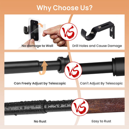 upsimples No Drill Curtain Rods for Window 48 to 84 Inches, 5/8 Inch Diameter Renter Friendly Drapery Rod with Adhesive Brackets without Drilling, Adjustable from 27 to 90 Inches, Black