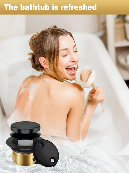 Tip-Toe Bathtub Drain Stopper, Tub Drain Set with 2-Hole Overflow Faceplate and Universal Fine/Coarse Thread, Bath Tub Plug Kit Assembly Fits 1-3/8" or 1-1/2" Bath Drain (Black)