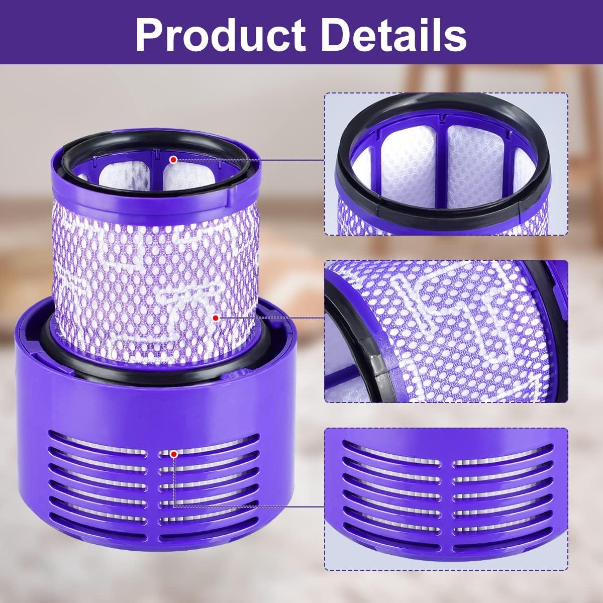 4 Pack Dyson V10 Filter Replacement for Cyclone Series, Animal, Absolute, Total Clean, SV12 Vacuum Cleaner - Replace Part #969082-01, Reusable and Washable