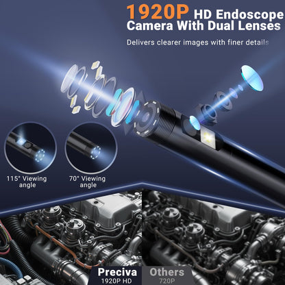 Preciva Endoscope Camera with Dual Lenses, 1920P HD Borescope Camera with 8 Adjustable LED Lights, 16.5ft Semi-Rigid for iOS and Android