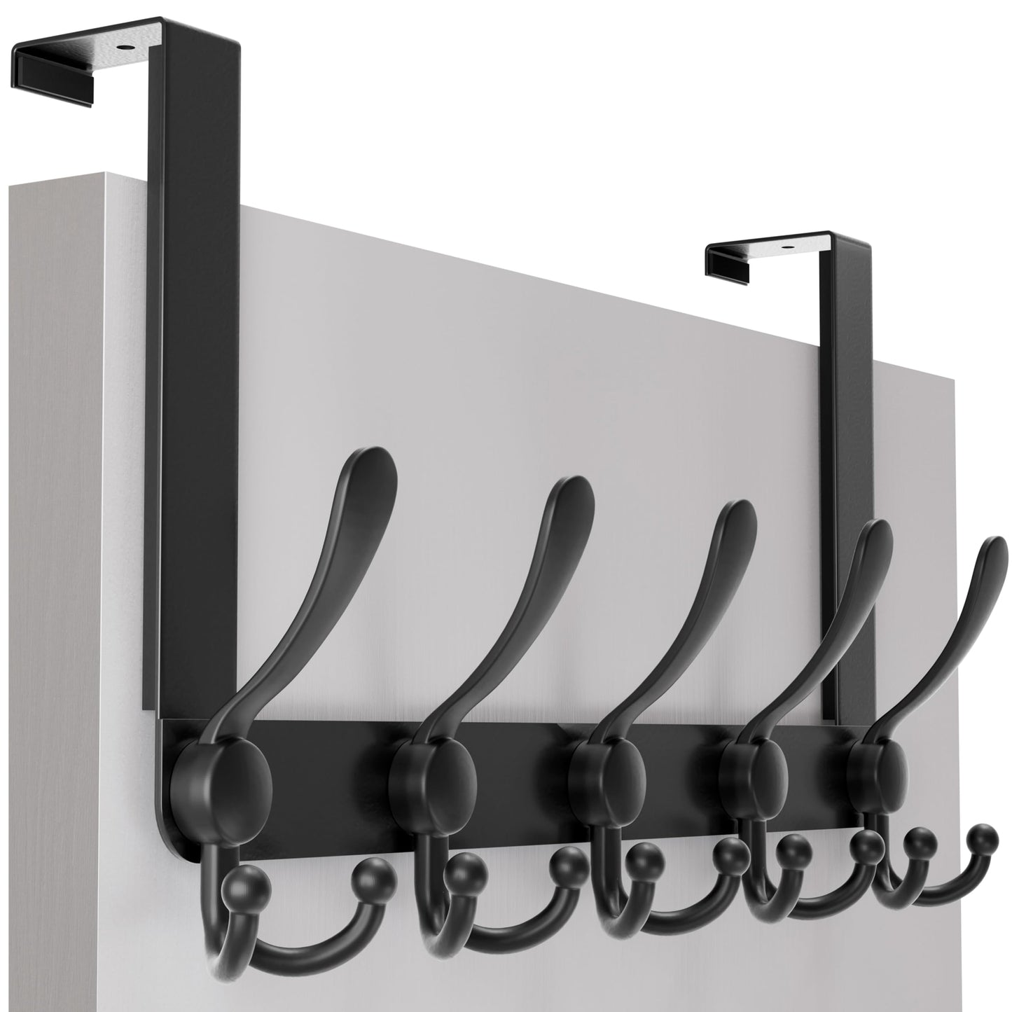 SKOLOO Over The Door Hook 5 Tri Hooks, Stainless Steel Heavy Duty Over Door Hook for Hanging Coats Clothes Towels, Over Door Hanger for Bathroom Bedroom, Black
