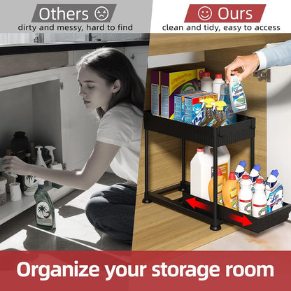 Sevenblue 2 Pack Under Sink Organizer and Storage, 2 Tier Sliding Bathroom Organizers, Multi-Use Under Sink Organizer for Bathroom and Kitchen,Black…