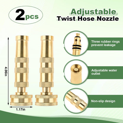 6 Pack Garden Hose Nozzle Set, Includes 2 Heavy-Duty Brass Adjustable Twist Hose Nozzles, 2 High Pressure Water Hose Jet Nozzles, 2 Brass 3/4" Garden Hose with shutoff Valve Sprayer Connectors