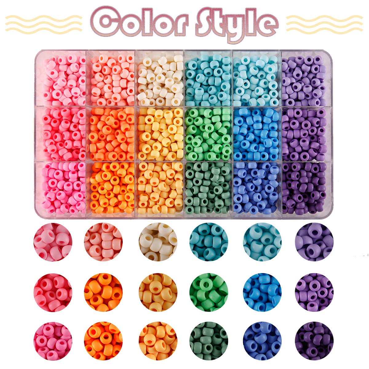 2600+pcs Pony Beads Kit Opaque Matte Rainbow Plastic Craft Multicolor Pony Beads in 18 Colors with Elastic String and Storage Box for Hair Braiding DIY Bracelet Necklace Key Chain and Jewelry Making