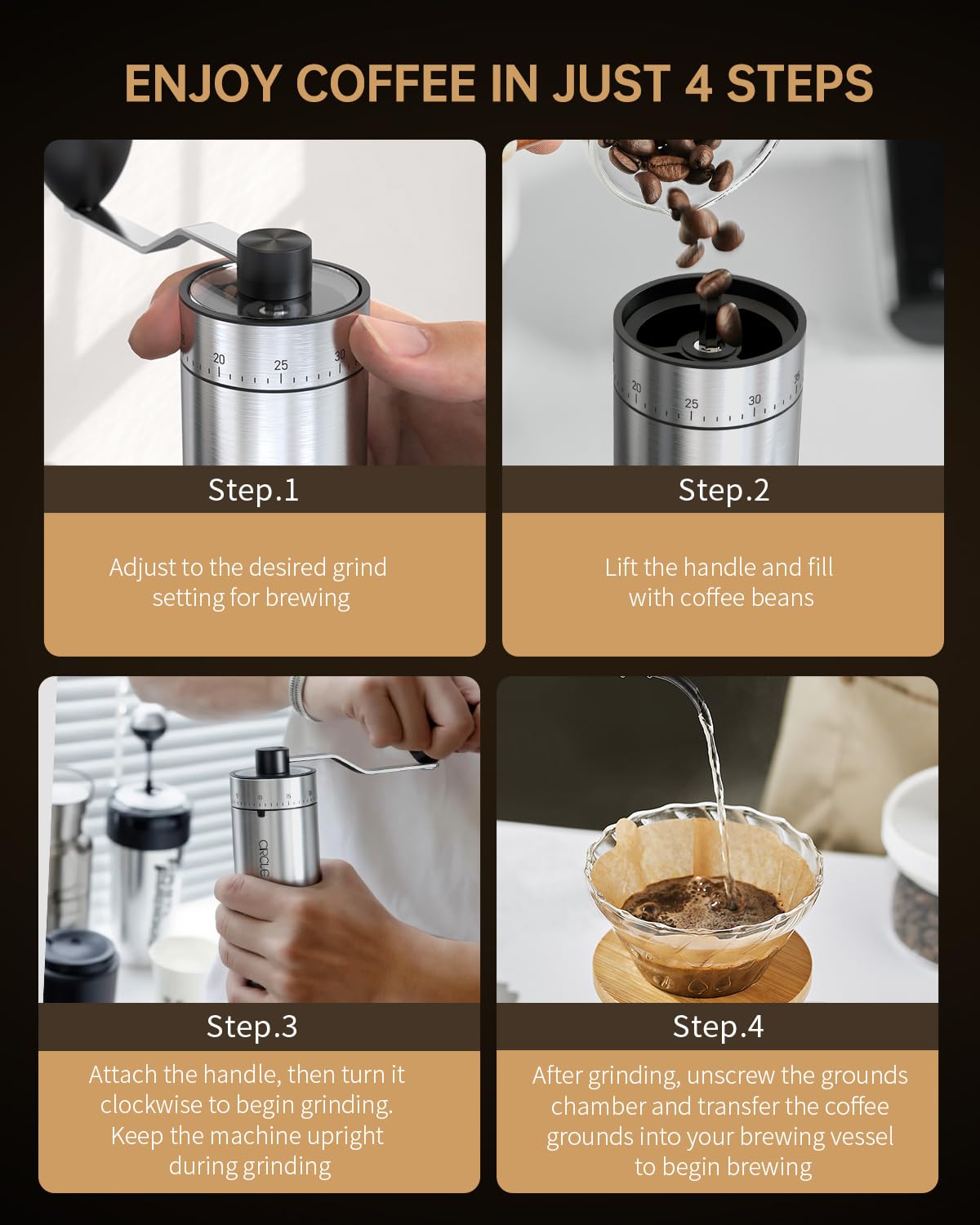 CIRCLE JOY Manual Coffee Grinder with 40 Adjustable Settings, High Precision Stainless Steel Hand Coffee Bean Mill for Aeropress, Espresso, Portable Conical Burr Coffee Grinder for Home, Office