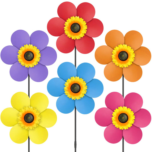 DECEED 6 PCS Sunflower Wind Spinners with Stakes 14" W x 29" H Wind Spinners Lawn Pinwheel Rainbow Windmill Outdoor Pinwheels for Yard Decoration (Multicolor)