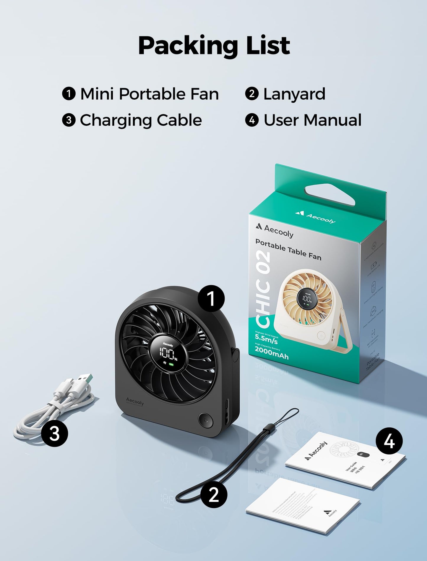 Aecooly Mini Portable Fan, Small Enough to Hold USB Desk Fan, 4 Speeds Quiet Rechargeable [10H Max Cooling Time], 180° Adjustable Battery Powered Personal for Travel, Office, Gifts for Women -Black