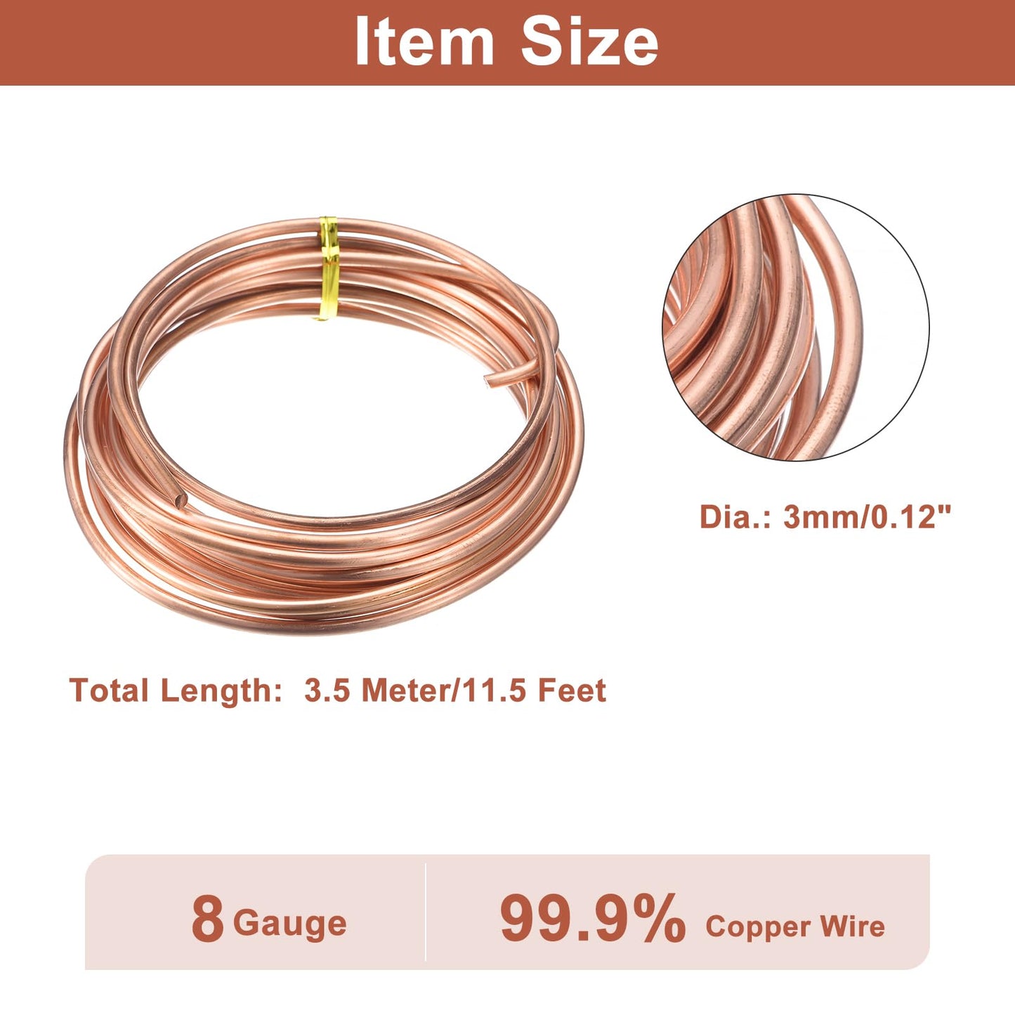 uxcell Soft Copper Wire (8 Gauge, 11.5 FT), 99.9% Pure Bare Copper Wire 3mm Solid Craft Wire for DIY Crafting Gardening Decoration (3.5Meter)