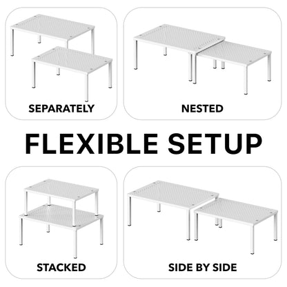 Simple Houseware Expandable and Stackable Kitchen Cupboard Metal Organizer for Mug Shelf, Spice Rack, and Pantry Storage, Set of 2, White