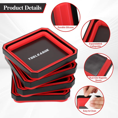TOOLEAGUE 4Pcs Collapsible Magnetic Parts Tray Set with 15Lb Magnetic Pickup Pen,4.5" Square Silicone Foldable Tool for Organizing Screw Bolts Nuts Washers Pins and Other Small Metal Parts