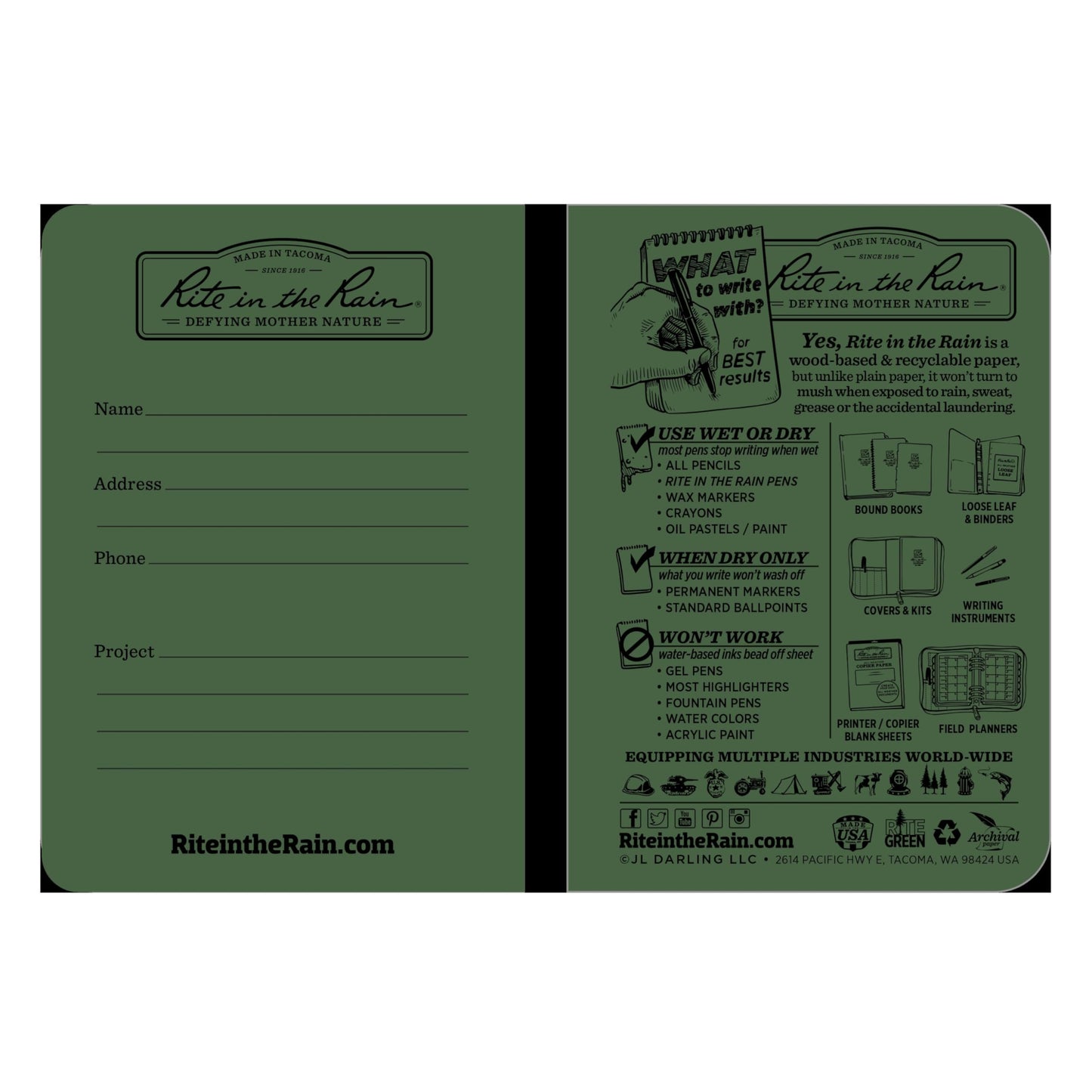 Rite in the Rain Weatherproof Mini-Stapled Notebook, 3 1/4" x 4 5/8", Green Cover, Universal Pattern, 3 Pack (No. 971FX-M)