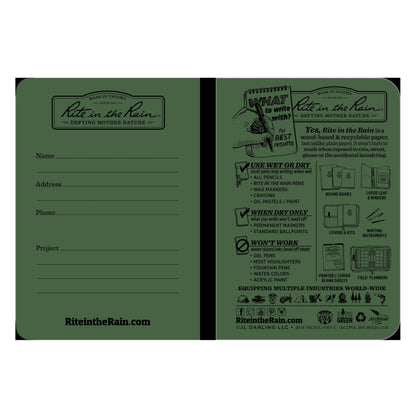 Rite in the Rain Weatherproof Mini-Stapled Notebook, 3 1/4" x 4 5/8", Green Cover, Universal Pattern, 3 Pack (No. 971FX-M)