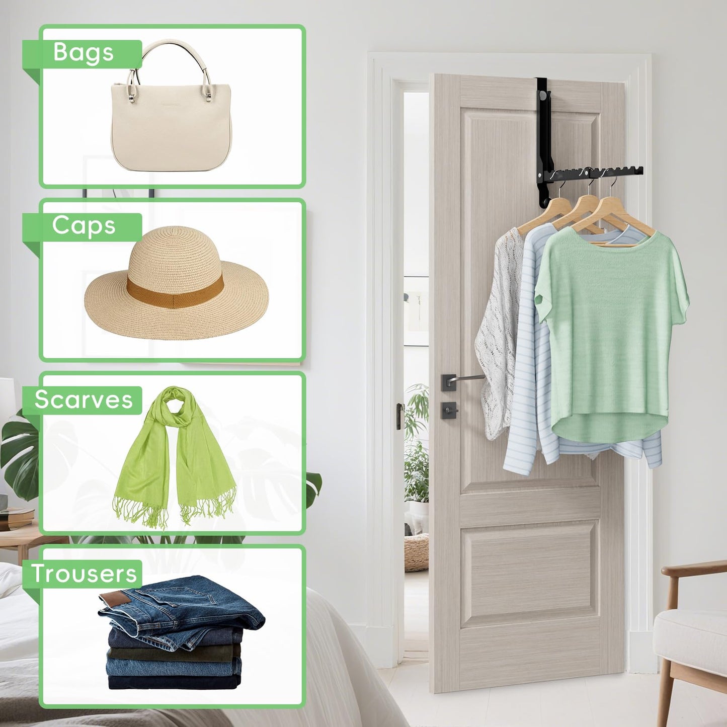 WLCSNG Over The Door Hooks, Extended Over The Door Clothes Hanger with 10 Ridges,Space-Saving Over The Door Rack,Door Hooks for Hanging Clothes,Larger Capacity Over The Door Hanger (1, Black-up)