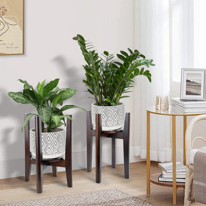 Adjustable Plant Stand with Tray,Indoor Wood Plant Stand Fit 8'' to 12'' Planter,Mid Century Modern Flower Pot Holder Rack(Plant and Pot Not Included),Walnut