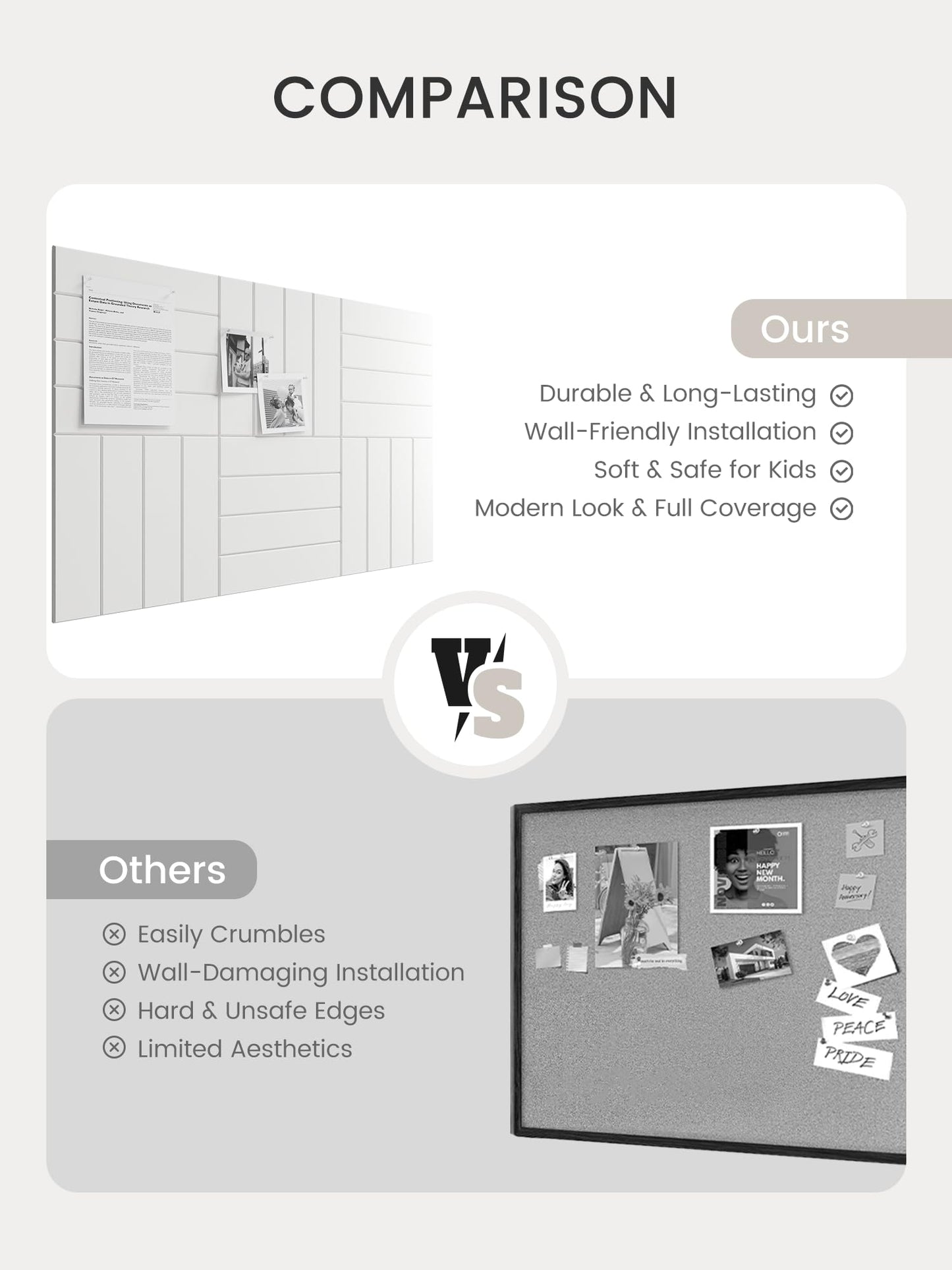 Bumusty Large Cork Board Alternative-36 x 24" Felt Bulletin Board Tiles, with 30 Pushpins, 40 Adhesive Tabs, 6-Pack Slat Wall Paneling, Cork Boards for Office Push Pin Board Felt Board-Milky White