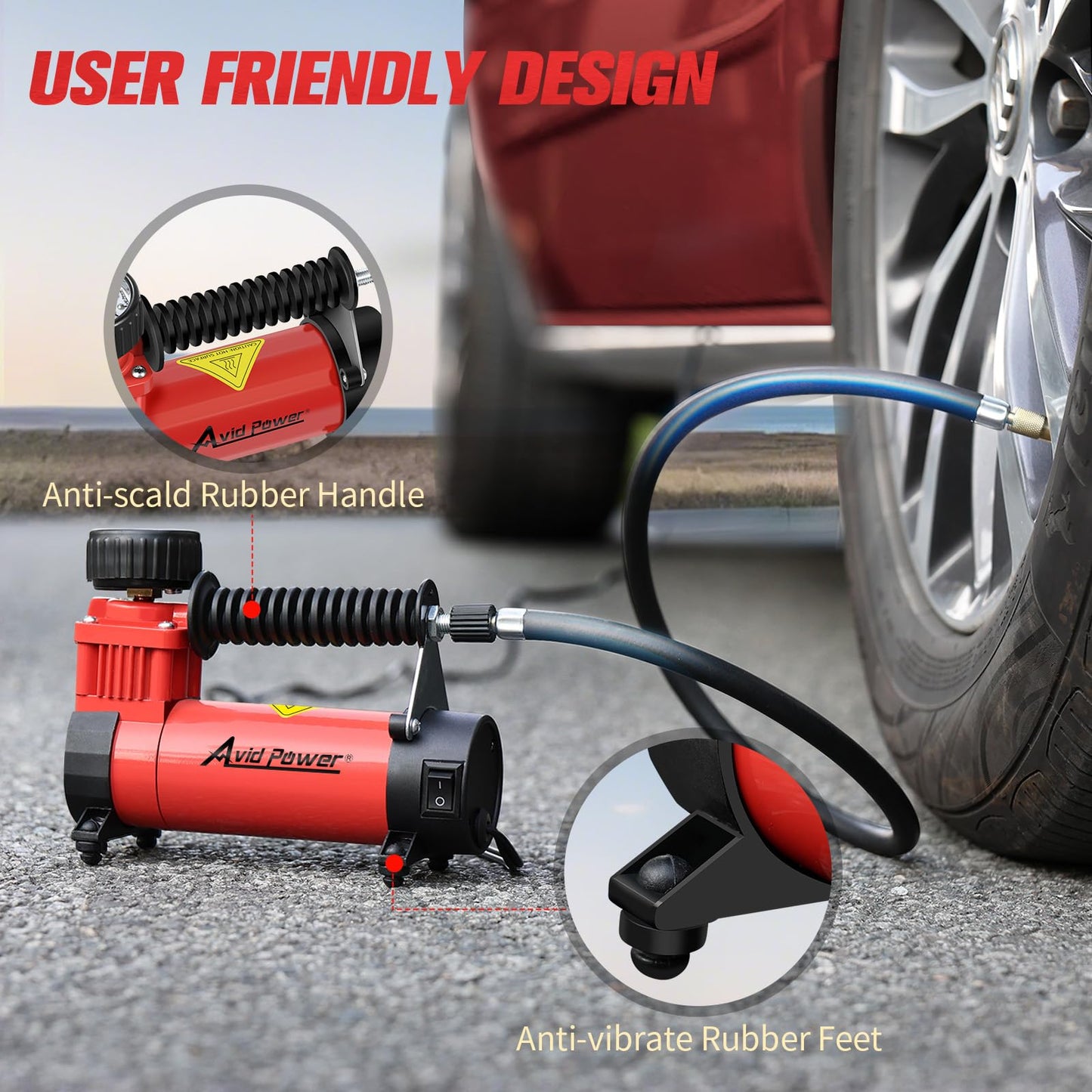 AVID POWER 12V DC Tire Inflator Portable Air Compressor, Compact Air Pump w/Copper Motor, Easy Operation 12V Tire Pump w/Carrying Case & 3 Adapters