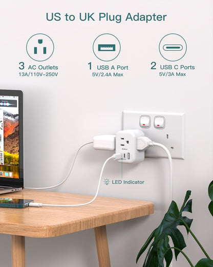 2-Pack US/CA to UK Ireland Travel Plug Adapter, Addtam Type G Power Outlet Adapter with 3 AC Outlets 3 USB(2 USB C), Travel Essentials for USA to Dubai Scotland British London England Hong Kong Irish