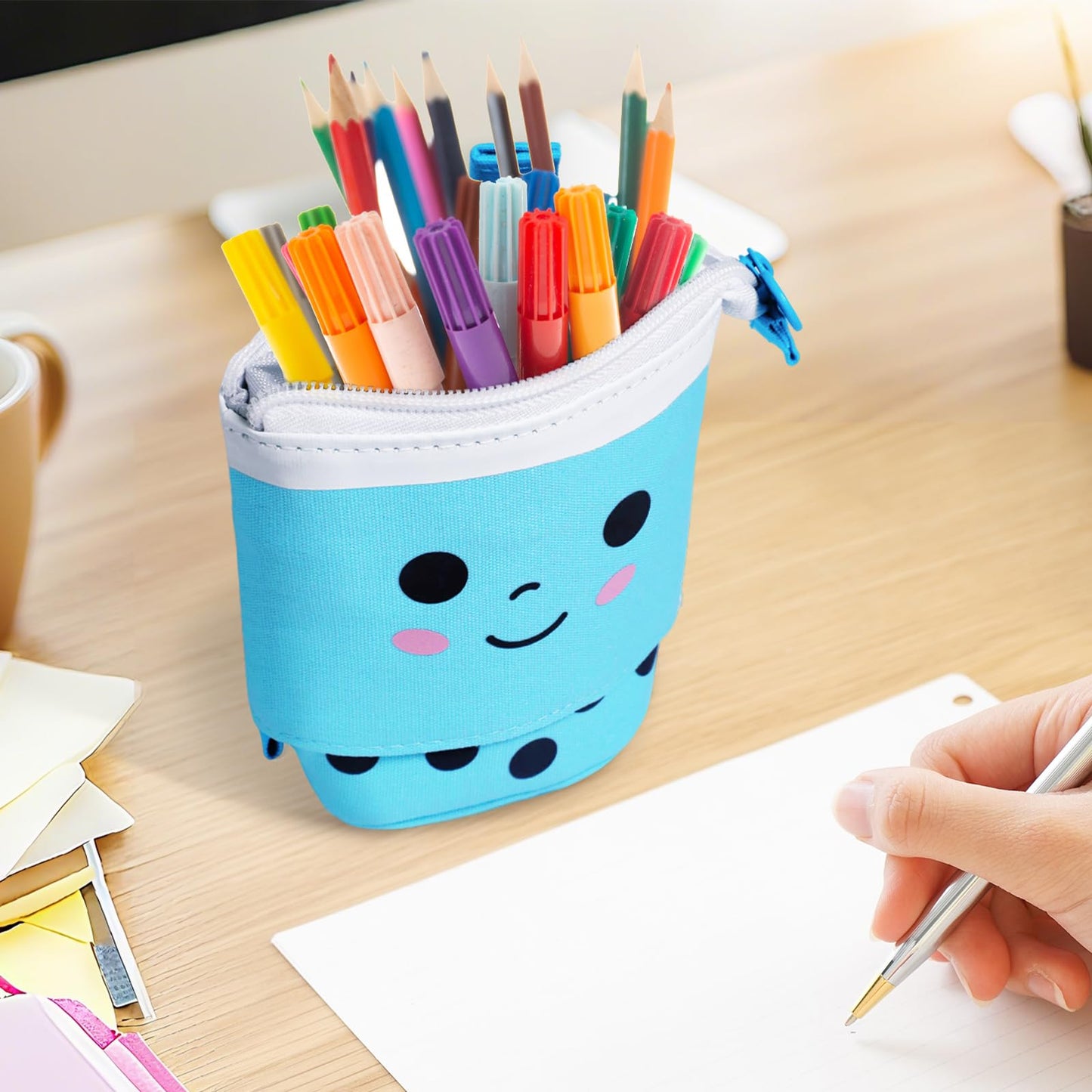 3 Pack Cute Pencil Case Standing Pen Holder Standing Pencil Case Cute Telescopic Kawaii Stationery Pouch Makeup Cosmetics Bag for School Students Office Teens Girls Boys (Pink Brown Blue)