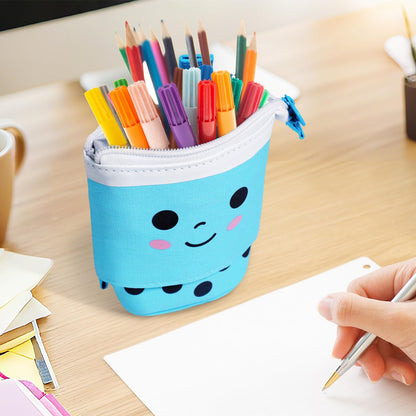 3 Pack Cute Pencil Case Standing Pen Holder Standing Pencil Case Cute Telescopic Kawaii Stationery Pouch Makeup Cosmetics Bag for School Students Office Teens Girls Boys (Pink Brown Blue)
