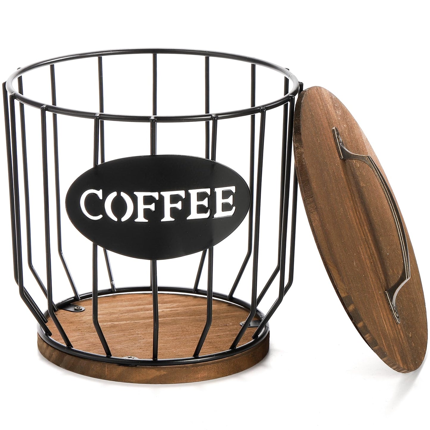 yarlung Coffee Pod Holder with Lid, Large Capacity K Cup Holder with Rustic Wooden Base, Black Wire Coffee Storage Basket for Kitchen Countertop, Cafe Bar Organizer