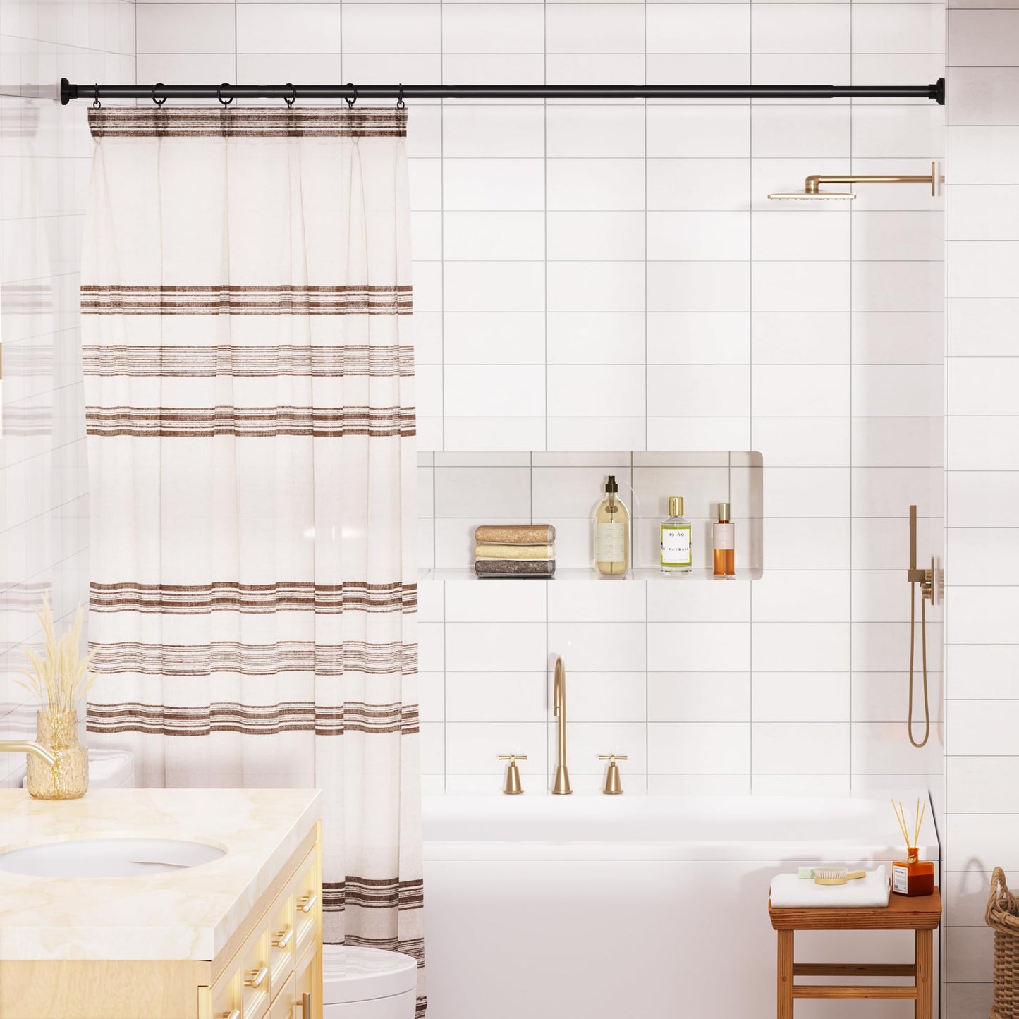 upsimples Matte Black Shower Curtain Rod No Drilling 30 to 76 Inches, 1 Inch Adjustable Spring Stainless Steel Tension Shower Rod No Drill Curtain Pole for Bathroom, Closet, Window