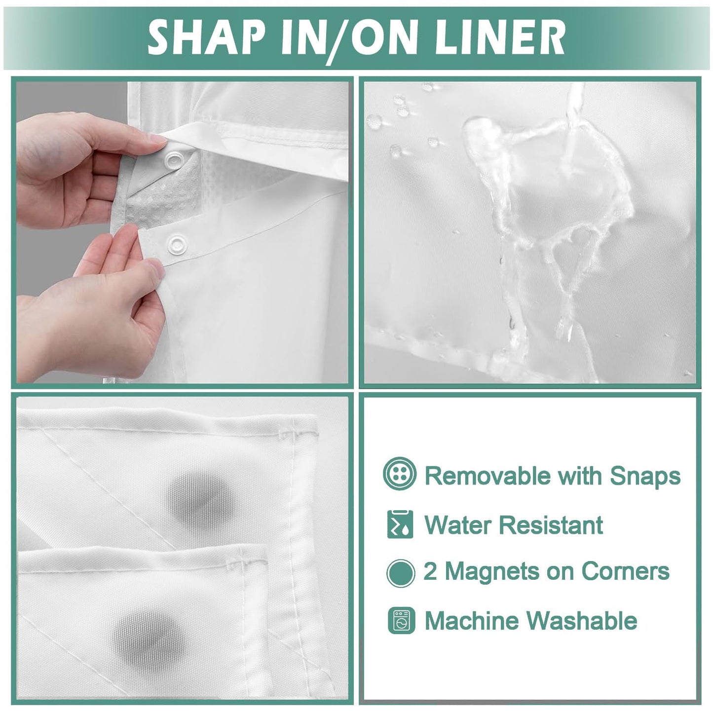 Shellspace No Hook 3 in 1 Shower Curtain with Snap in Liner, Green Leaves Flower Shower Curtain Set with See Through Top Window, Machine Washable Waterproof Polyester Fabric Bath Curtain, 71 x 74 in